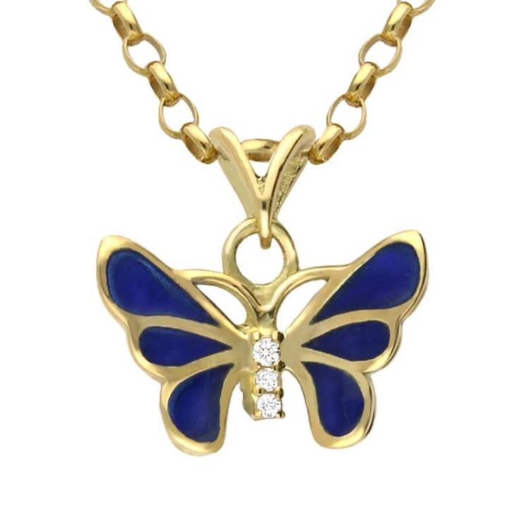 18ct Yellow Gold Diamond Blue Enamel House Style Butterfly Necklace - Gold