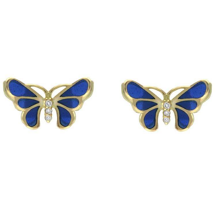 18ct Yellow Gold Diamond Blue Enamel House Style Butterfly Stud Earrings - Yellow Gold