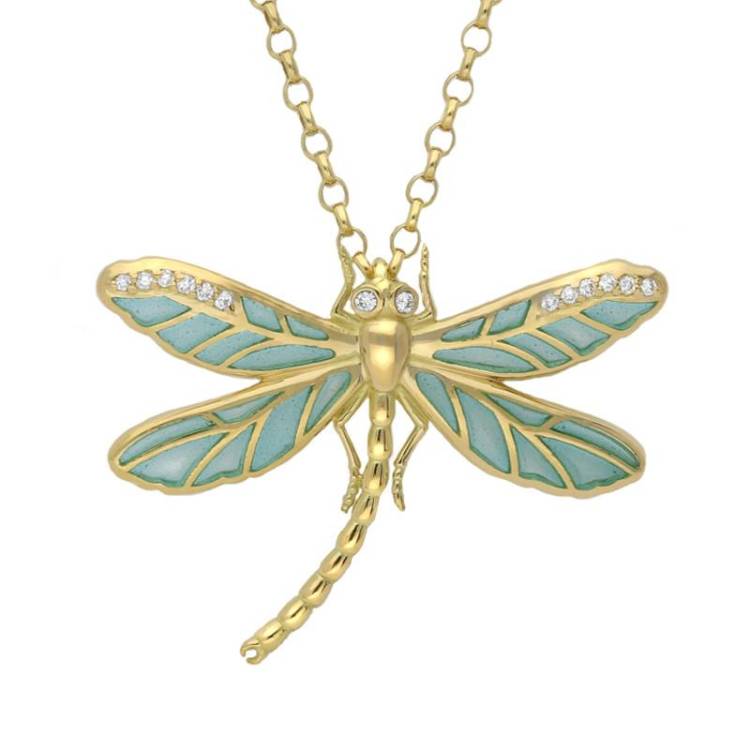 18ct Yellow Gold Diamond Blue Enamel House Style Dragonfly Necklace - Gold