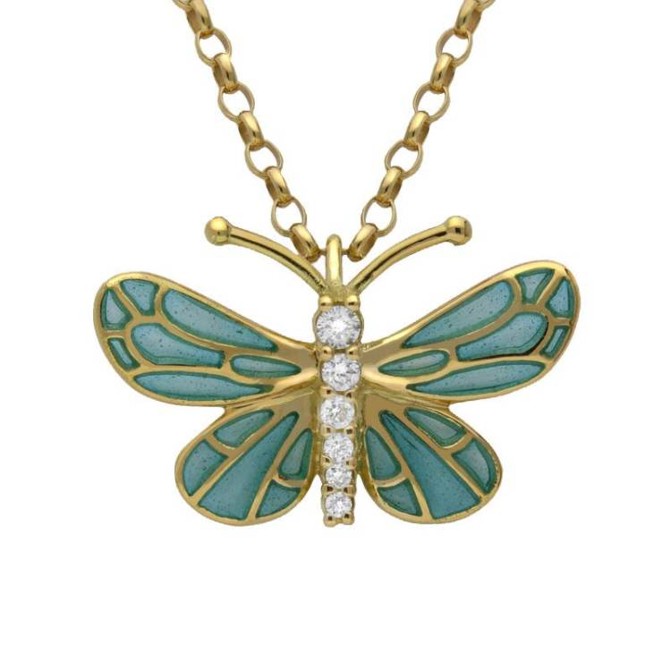18ct Yellow Gold Diamond Enamel House Style Butterfly Necklace - Gold