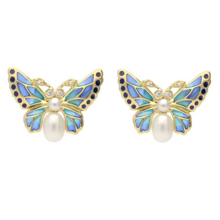 18ct Yellow Gold Diamond Pearl Enamel House Style Butterfly Stud Earrings - Yellow Gold
