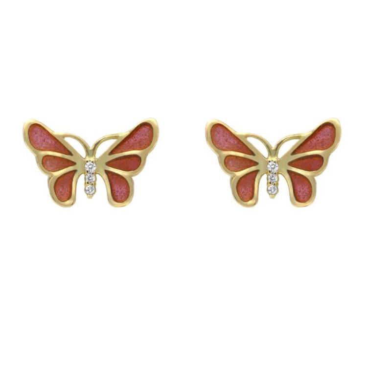 18ct Yellow Gold Diamond Red Enamel House Style Butterfly Stud Earrings - Yellow Gold