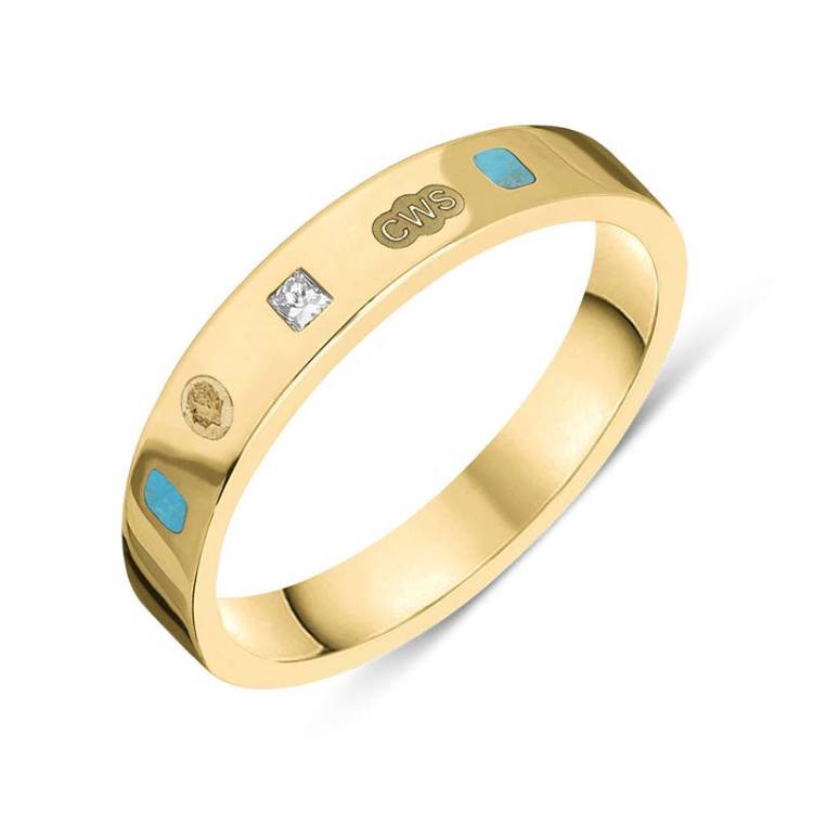 18ct Yellow Gold 0.09ct Diamond Turquoise King's Coronation Hallmark Princess Cut 4mm Ring - Z