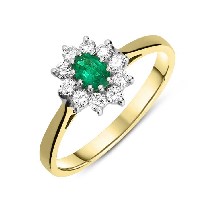 18ct Yellow Gold Emerald Diamond Cluster Ring - Yellow Gold