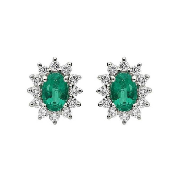 18ct Yellow Gold Emerald Diamond Floral Cluster Stud Earrings - Yellow Gold