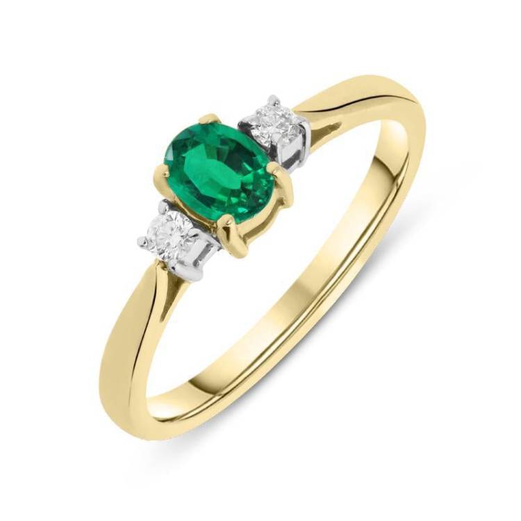 18ct Yellow Gold Emerald and Diamond Trilogy Ring - Yellow Gold