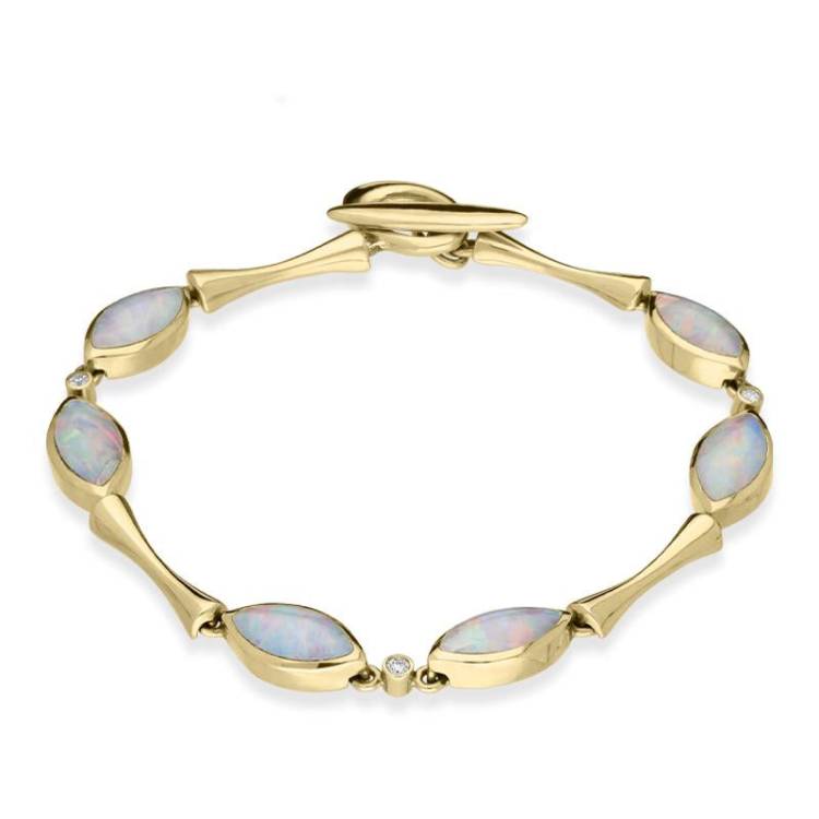 18ct Yellow Gold Opal Diamond Marquise Link Bracelet - Yellow Gold