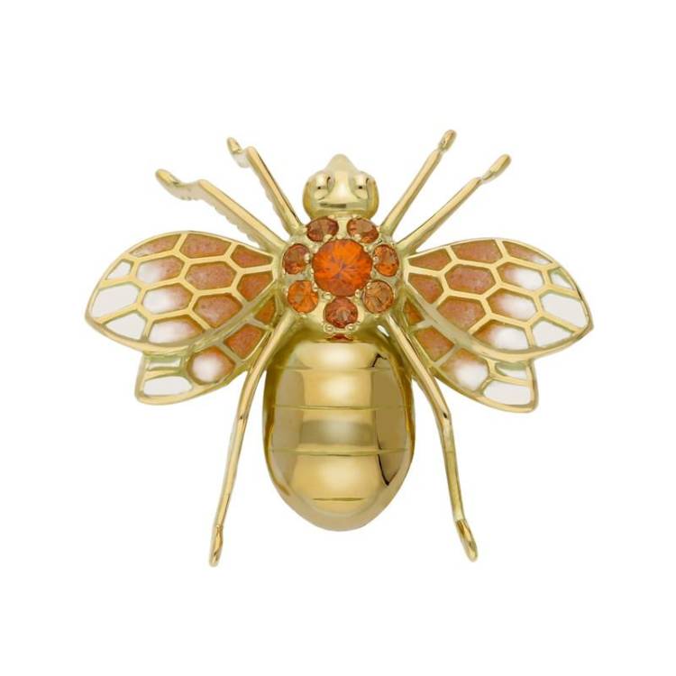 18ct Yellow Gold Orange Sapphire Enamel House Style Wasp Brooch - Yellow Gold