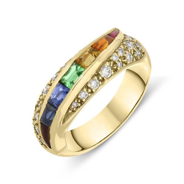 18ct Yellow Gold Rainbow Sapphire 0.39ct Diamond Ring - M