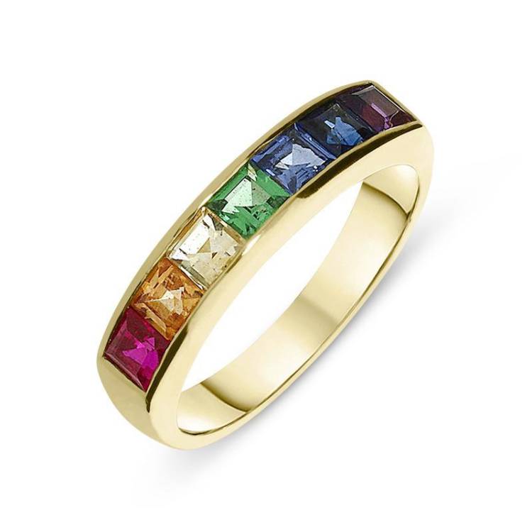 18ct Yellow Gold Rainbow Sapphire Princess Cut Half Eternity Ring - Option1 Value Yellow Gold