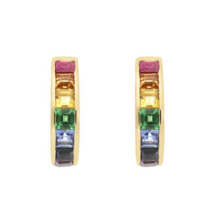 18ct Yellow Gold Rainbow Mixed Stone Princess Cut Curved Stud Earrings - Option1 Value Yellow Gold