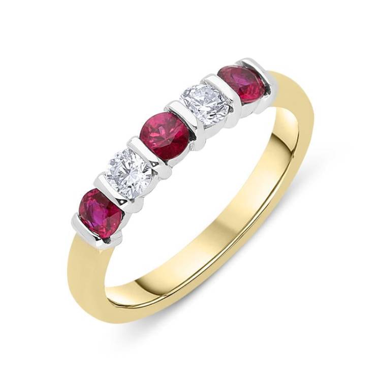 18ct Yellow Gold Ruby Diamond Five Stone Bar Set Ring - Option1 Value Yellow Gold