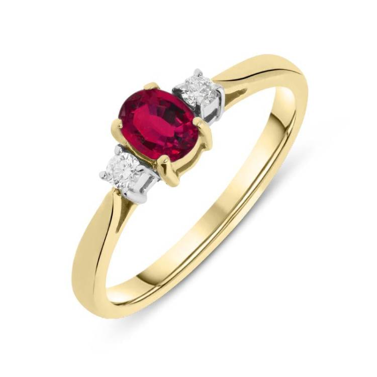 18ct Yellow Gold Ruby Diamond Oval Cut Trilogy Ring - Option1 Value Yellow Gold