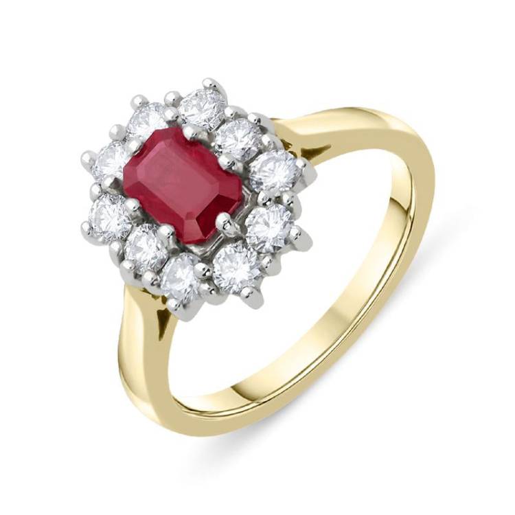 18ct Yellow Gold Ruby and Diamond Emerald Cut Cluster Ring - Yellow Gold