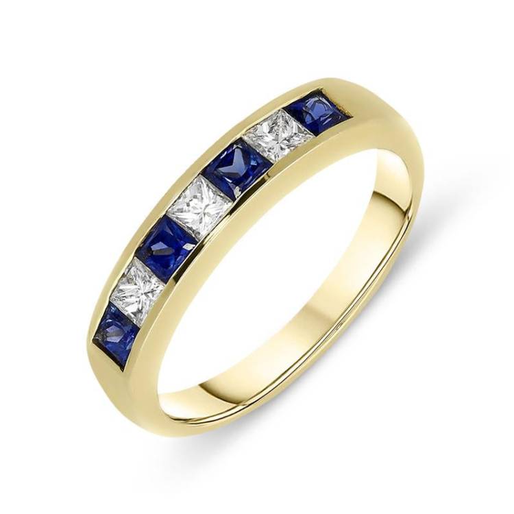 18ct Yellow Gold Sapphire Diamond Princess Cut Half Eternity Ring D - N