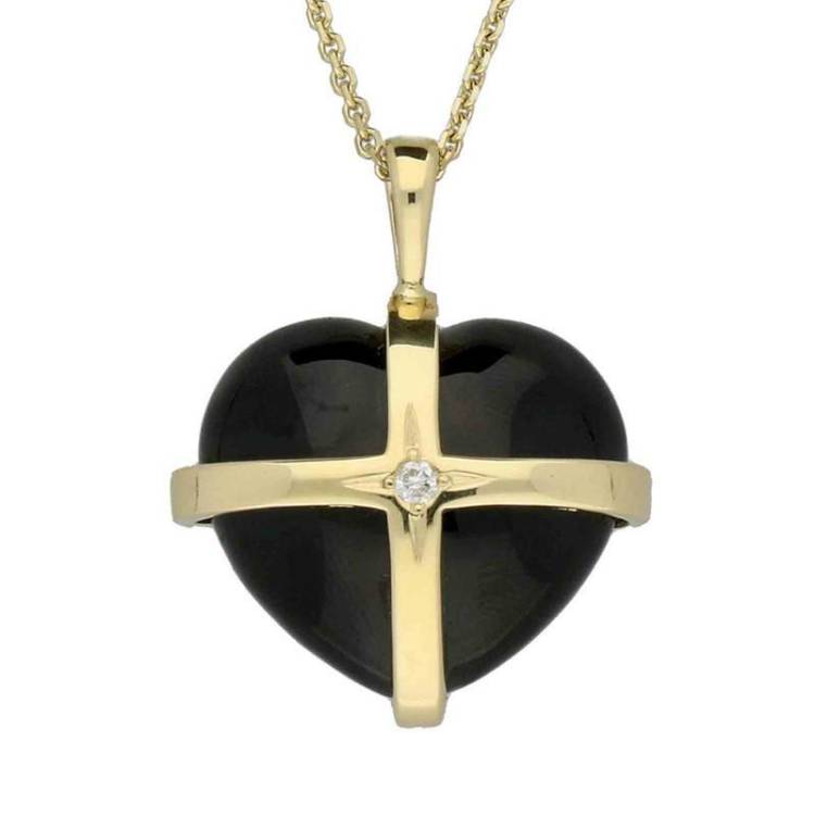 9ct Yellow Gold Whitby Jet Diamond Medium Cross Heart Necklace - Option1 Value Yellow Gold