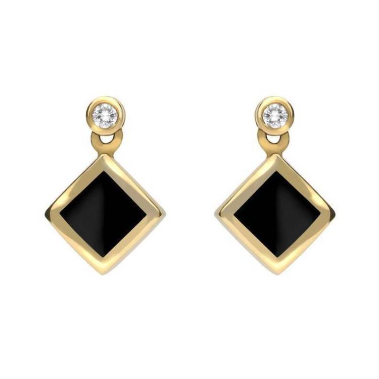 18ct Yellow Gold Whitby Jet 0.06ct Diamond Top Square Stud Earrings - Yellow Gold