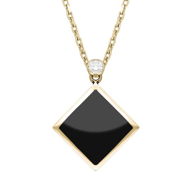 18ct Yellow Gold Whitby Jet 0.10ct Diamond Top Flat Square Necklace - Yellow Gold