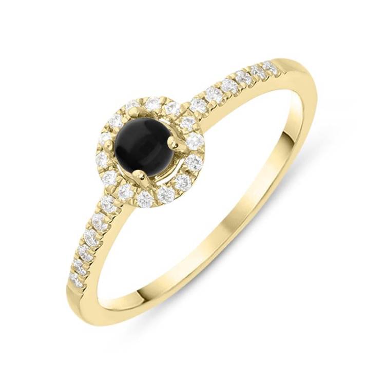 18ct Yellow Gold Whitby Jet 0.14ct Diamond Claw Set Round Centre Ring - Yellow Gold