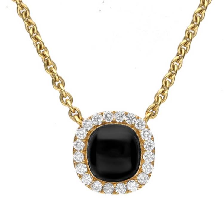 18ct Yellow Gold Whitby Jet 0.14ct Diamond Cushion Shaped Necklace - Yellow Gold