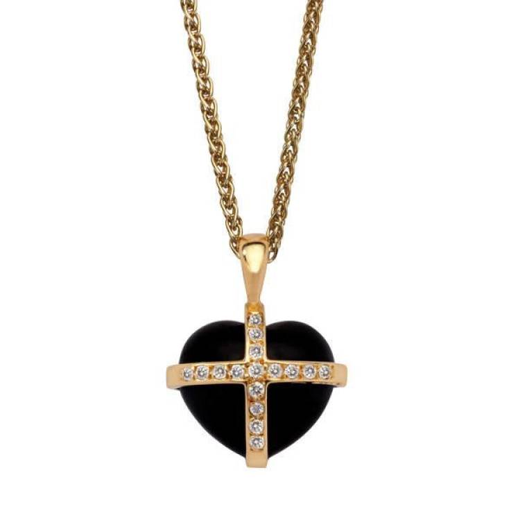 18ct Yellow Gold Whitby Jet 0.16ct Diamond Small Cross Heart Necklace - Yellow Gold