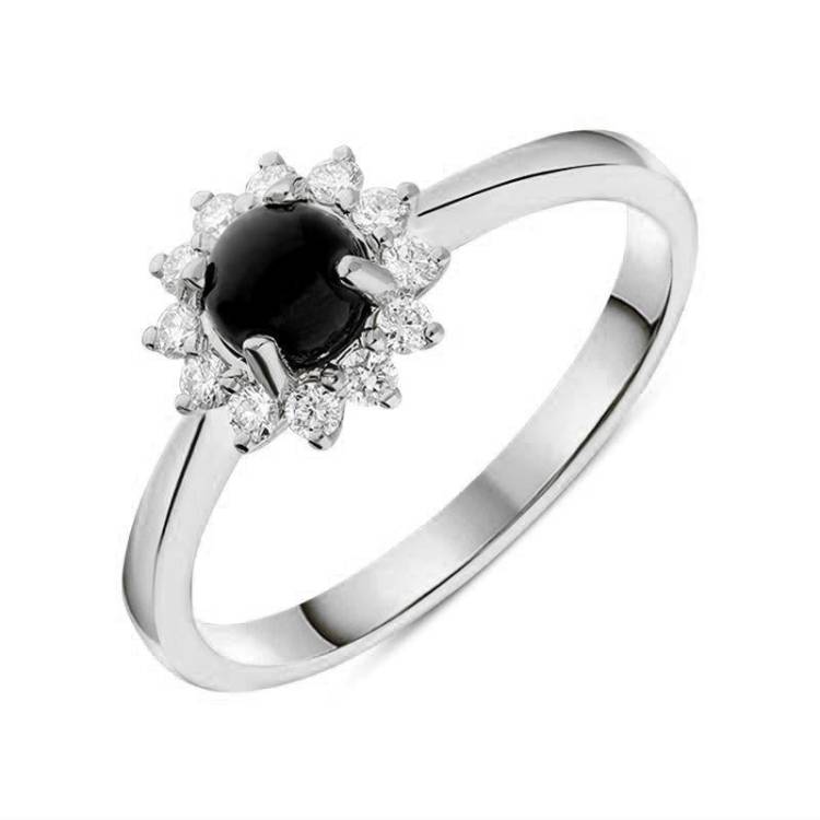 18ct White Gold Whitby Jet 0.18ct Diamond Round Cluster Ring