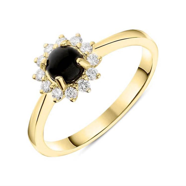 18ct Yellow Gold Whitby Jet 0.18ct Diamond Round Flower Cluster Ring