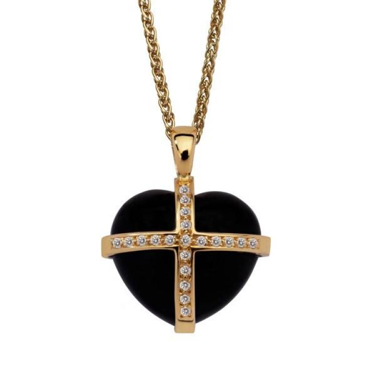 18ct Yellow Gold Whitby Jet 0.20ct Diamond Size M Cross Heart Necklace - Yellow Gold