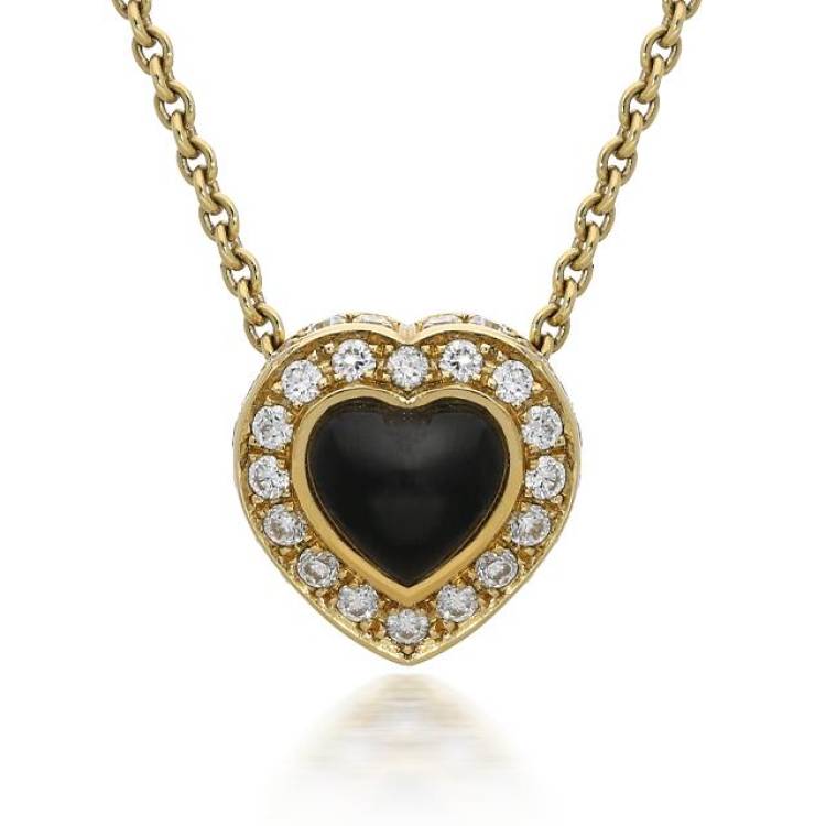 18ct Yellow Gold Whitby Jet 0.22ct Diamond Heart Shaped Necklace - Yellow Gold