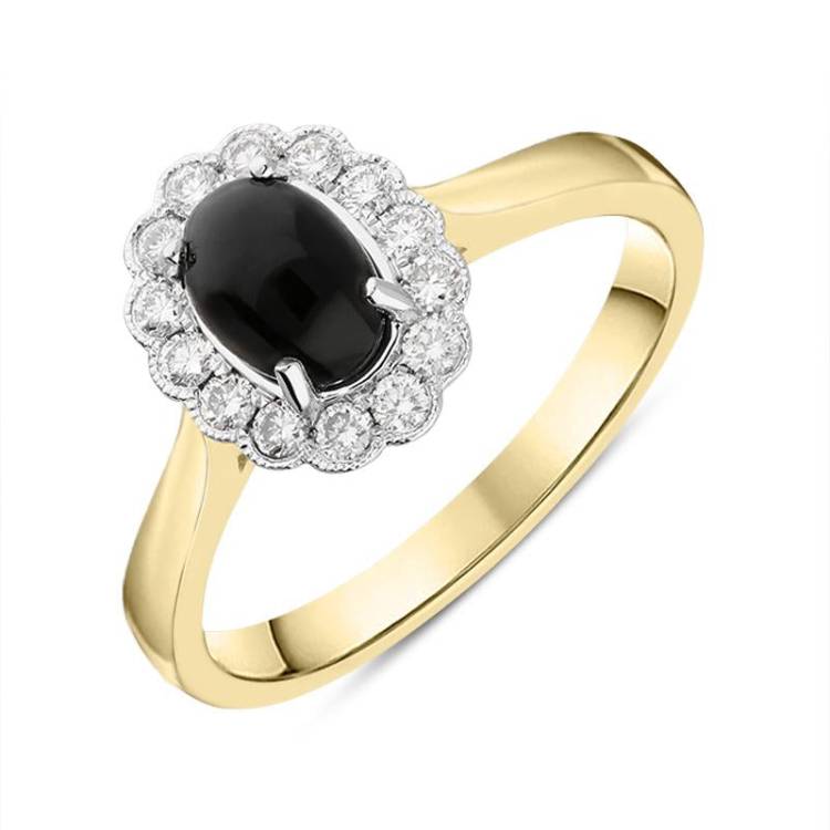 18ct Yellow Gold Whitby Jet 0.22ct Diamond Oval Ring - T