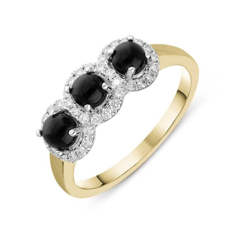 18ct Yellow Gold Whitby Jet 0.24ct Diamond 3 Stone Ring - Yellow Gold