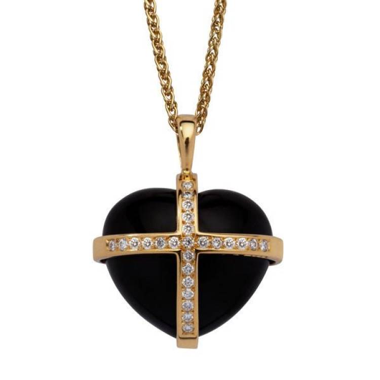 18ct Yellow Gold Whitby Jet 0.37ct Diamond Large Cross Heart Necklace - Yellow Gold