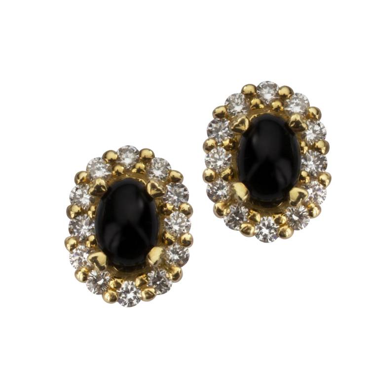18ct Yellow Gold Whitby Jet 0.55ct Diamond Oval Cluster Stud Earrings - Yellow Gold
