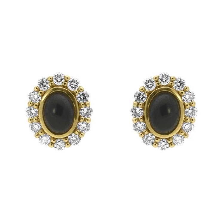 18ct Yellow Gold Whitby Jet 0.96ct Diamond Large Oval Stud Earrings - Yellow Gold