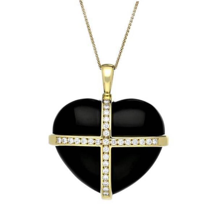18ct Yellow Gold Whitby Jet 1.00ct Diamond Large Cross Heart Necklace D