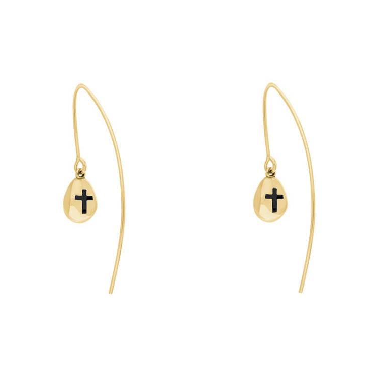 18ct Yellow Gold Whitby Jet Cross Disc Drop Earrings - Yellow Gold