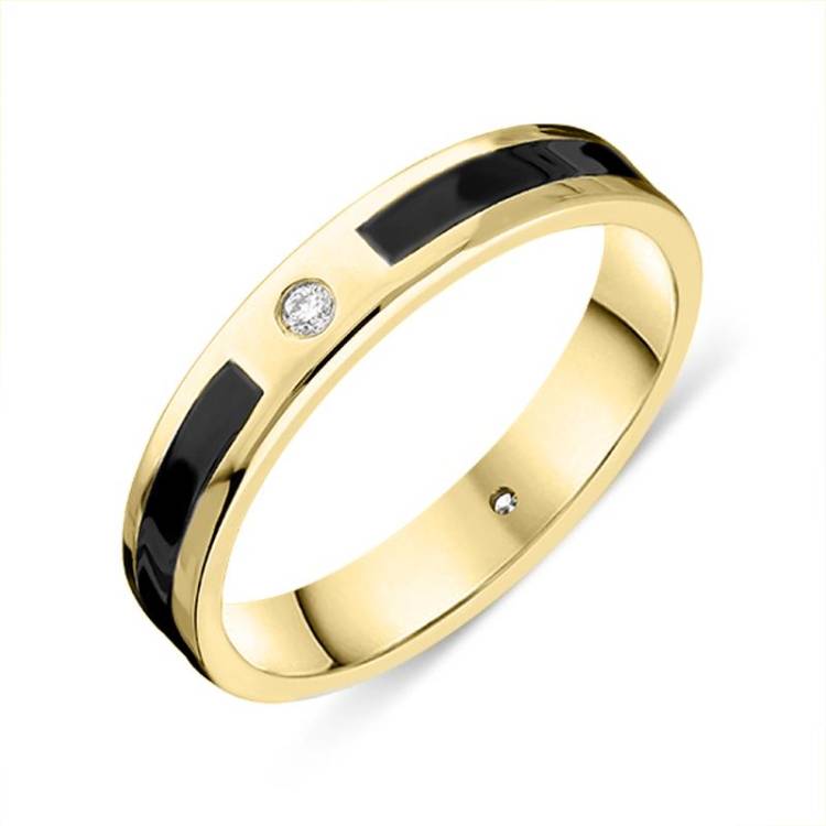 18ct Yellow Gold Whitby Jet Diamond 4mm Patterned Wedding Band Ring - Gold