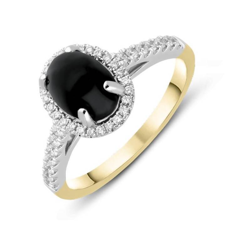 18ct Yellow Gold Whitby Jet Diamond Halo Pave Shoulder Ring - Option1 Value Yellow Gold