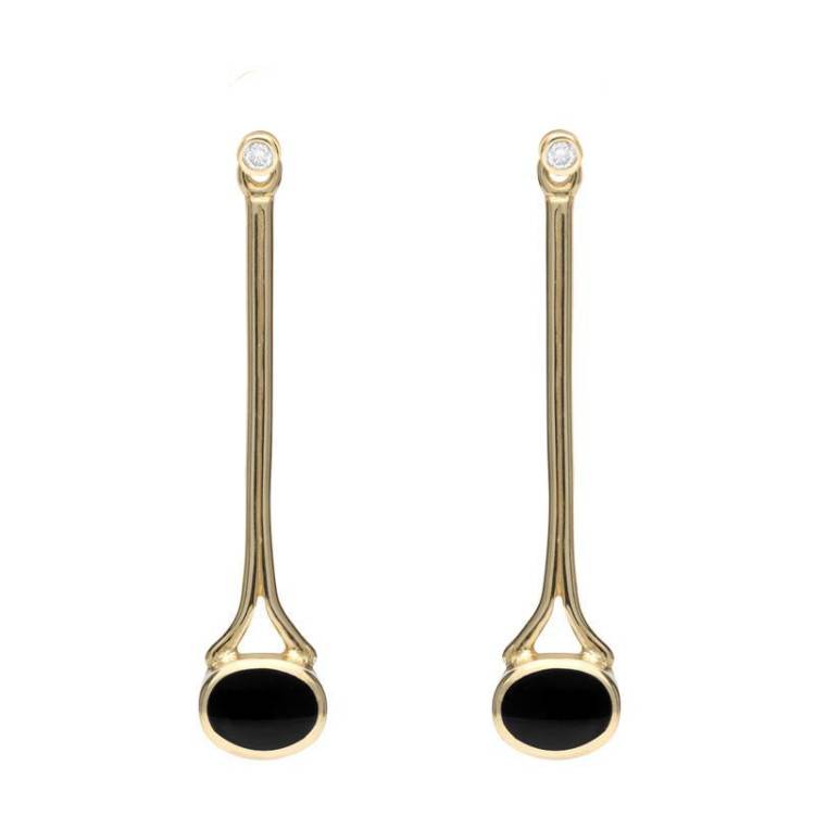 18ct Yellow Gold Whitby Jet and Diamond Long Drop Earrings - Option1 Value Yellow Gold