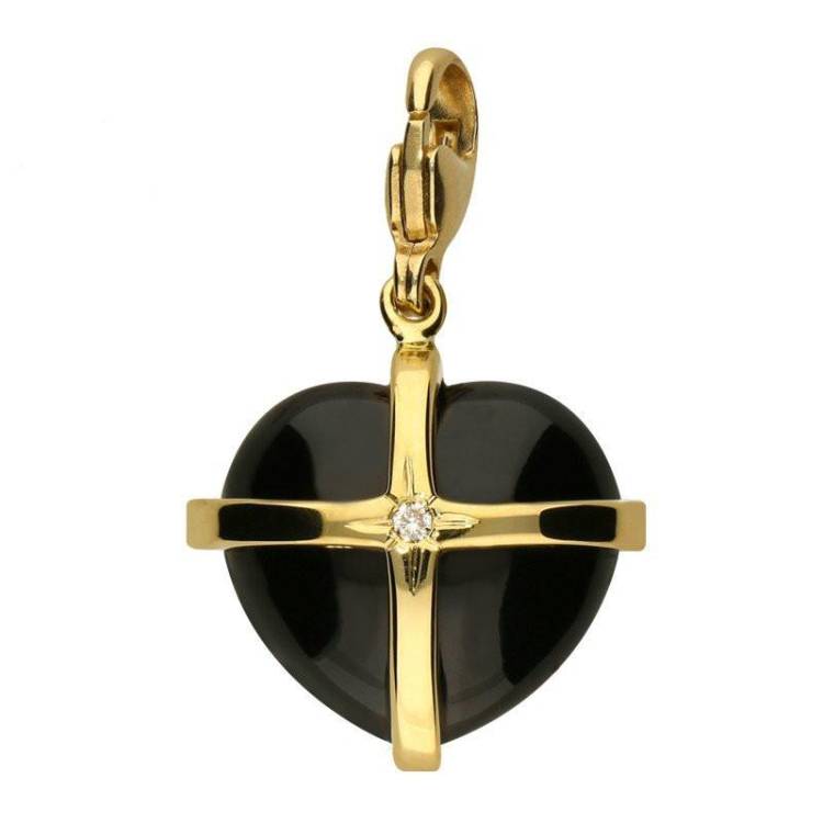 18ct Yellow Gold Whitby Jet Diamond Medium Cross Heart Charm - Gold
