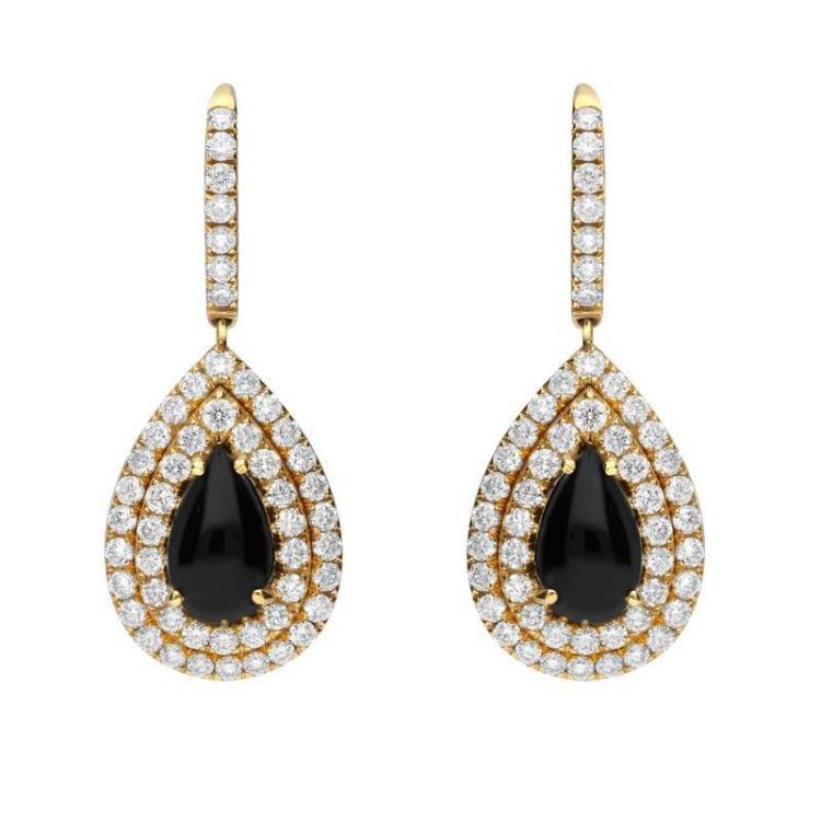 18ct Yellow Gold Whitby Jet Diamond Pear Drop Earrings - Yellow Gold