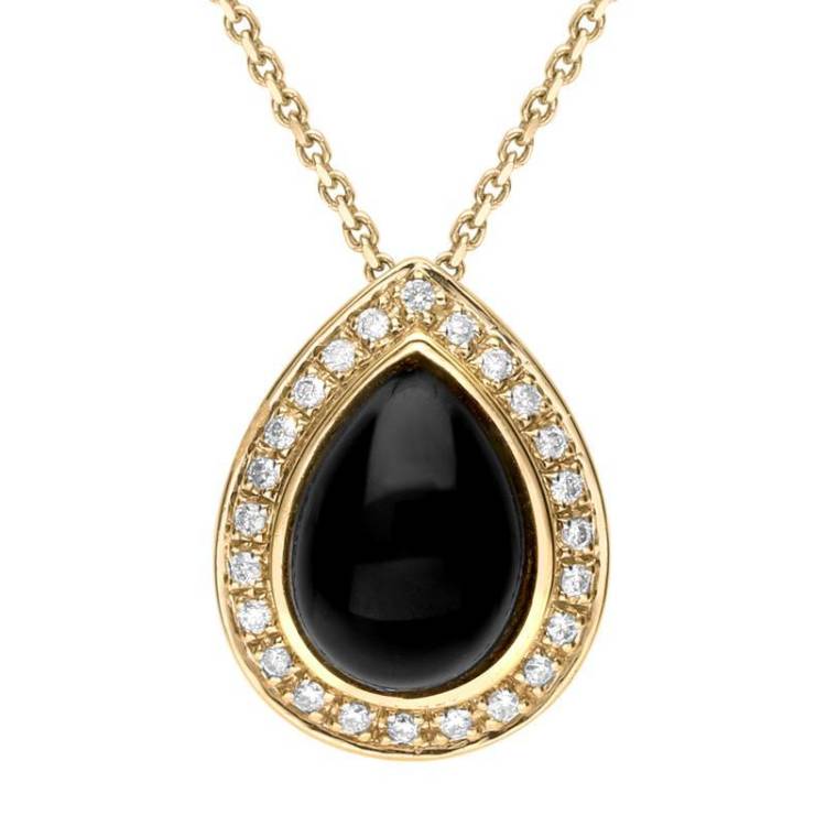 18ct Yellow Gold Whitby Jet 0.12ct Diamond Pear Pave Necklace - Yellow Gold