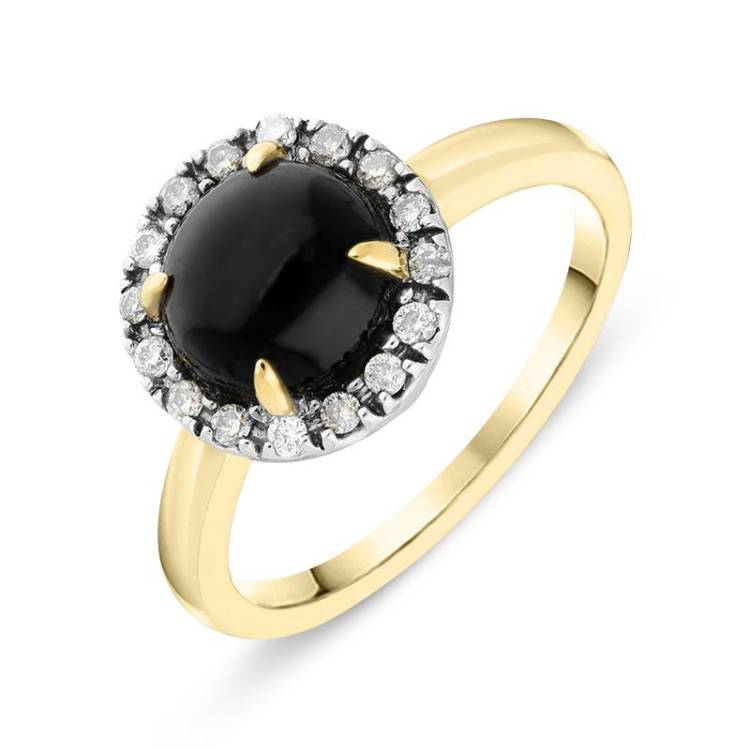 18ct Yellow Gold Whitby Jet Diamond Round Ring