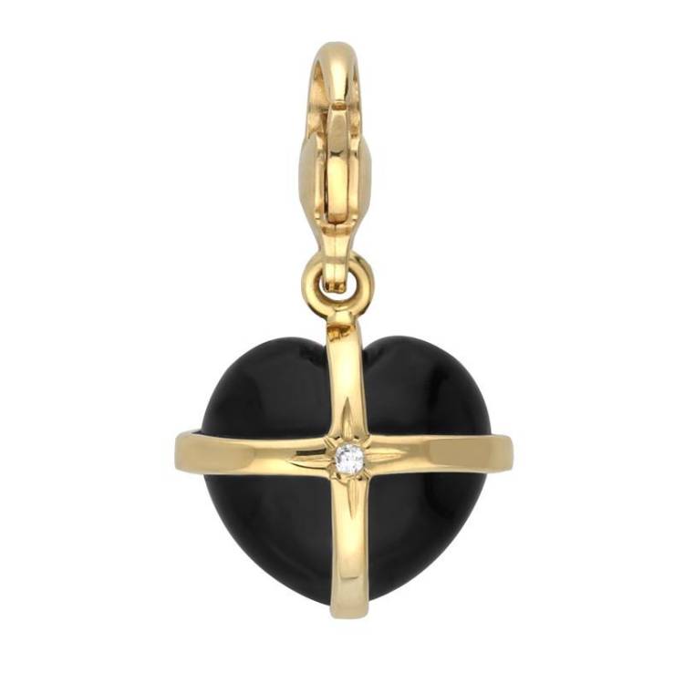 18ct Yellow Gold Whitby Jet Single Diamond Small Cross Heart Charm - Yellow Gold