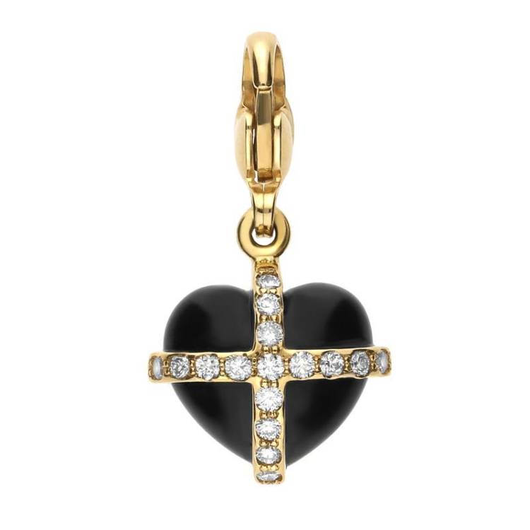 18ct Yellow Gold Whitby Jet 0.16ct Diamond Small Cross Heart Charm - Gold