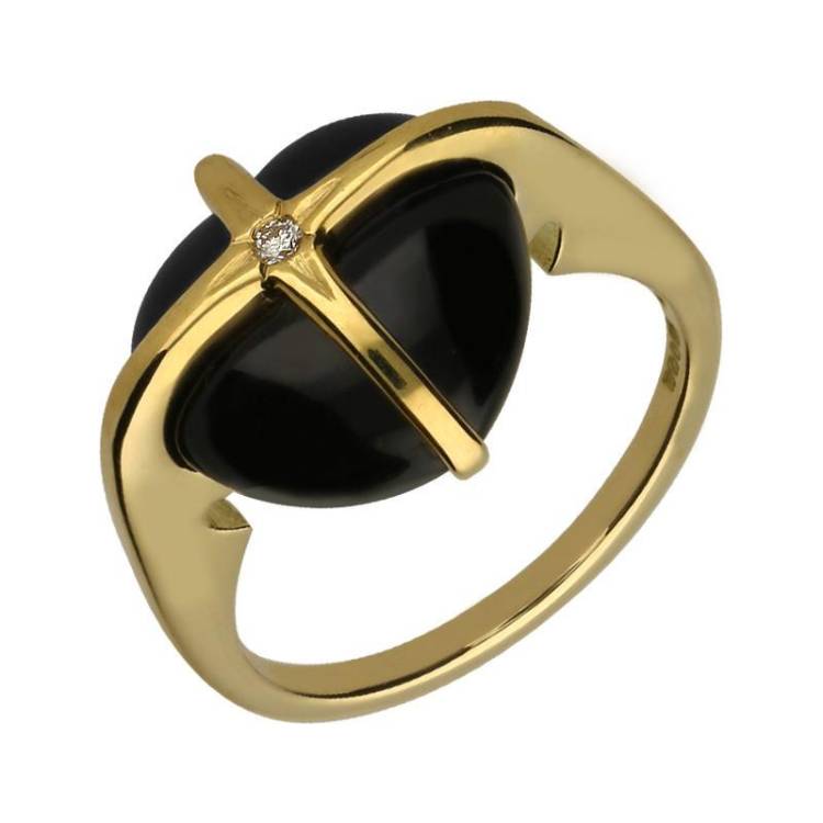 18ct Yellow Gold Whitby Jet Diamond Small Cross Heart Ring - Gold