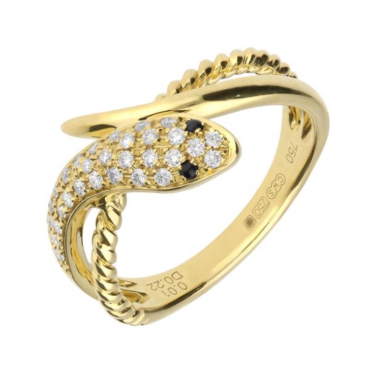 18ct Yellow Gold Whitby Jet Diamond Twist Snake Ring - Yellow Gold