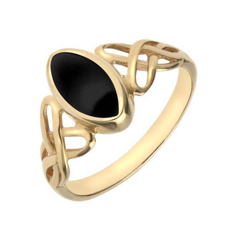 9ct Yellow Gold Whitby Jet Marquise Celtic Ring - Yellow Gold