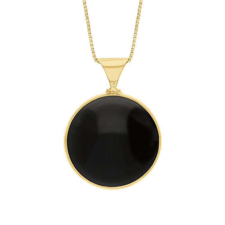 18ct Yellow Gold Whitby Jet Mother of Pearl King's Coronation Hallmark Double Sided Round Necklace