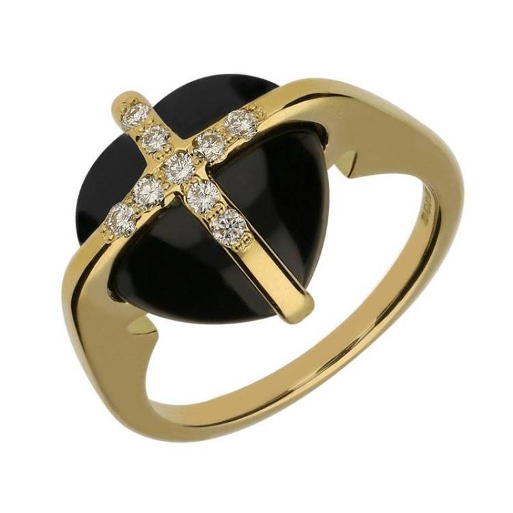 18ct Yellow Gold Whitby Jet Nine Diamond Small Cross Heart Ring - Yellow Gold